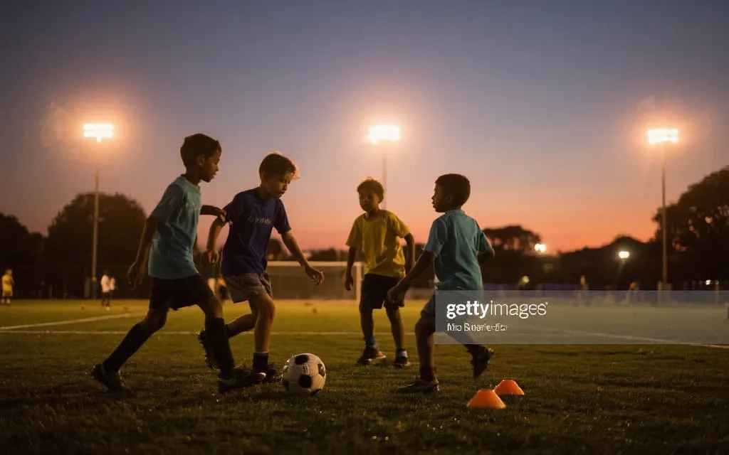 社区足球训练场景，孩子与教练在傍晚灯光下训练，体现世界杯遗产与联赛基层生态
