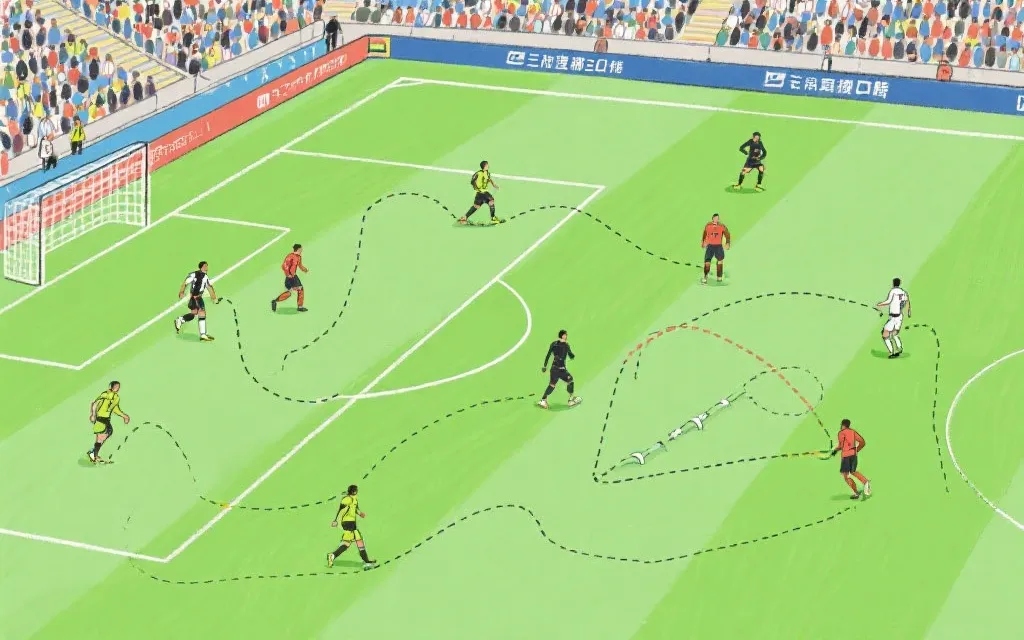 比赛直播观赛视角示意：翼卫高位与回撤对比，中场三角联动与三中卫横移覆盖