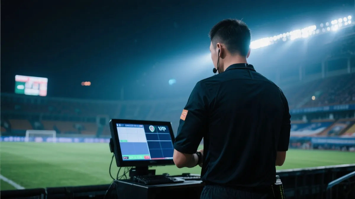 VAR回放屏幕与裁判场边复核的场景，夜间球场灯光，纪实摄影风格