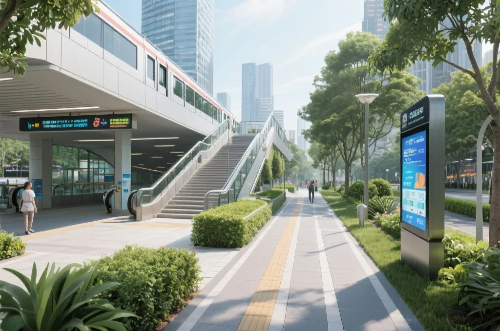 城市交通枢纽、绿色步道与智慧屏幕协同运行的现代城市场景